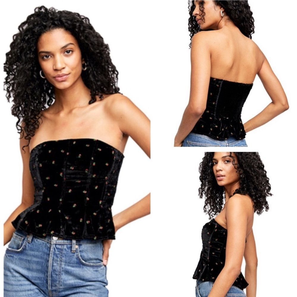 𝅺Free People Rosie Embroidered Bustier Top In Black